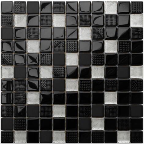Mosaico di gesso naturale e inserti in Vestro su rete per bagno o cucina - 30cm x 30cm - Crushed Volcano silver