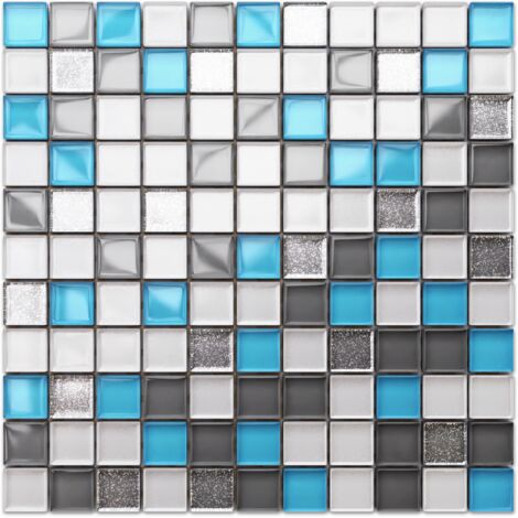 Mosaico in vetro su rete per bagno e cucina 30cm x 30cm  - Blue Harmony