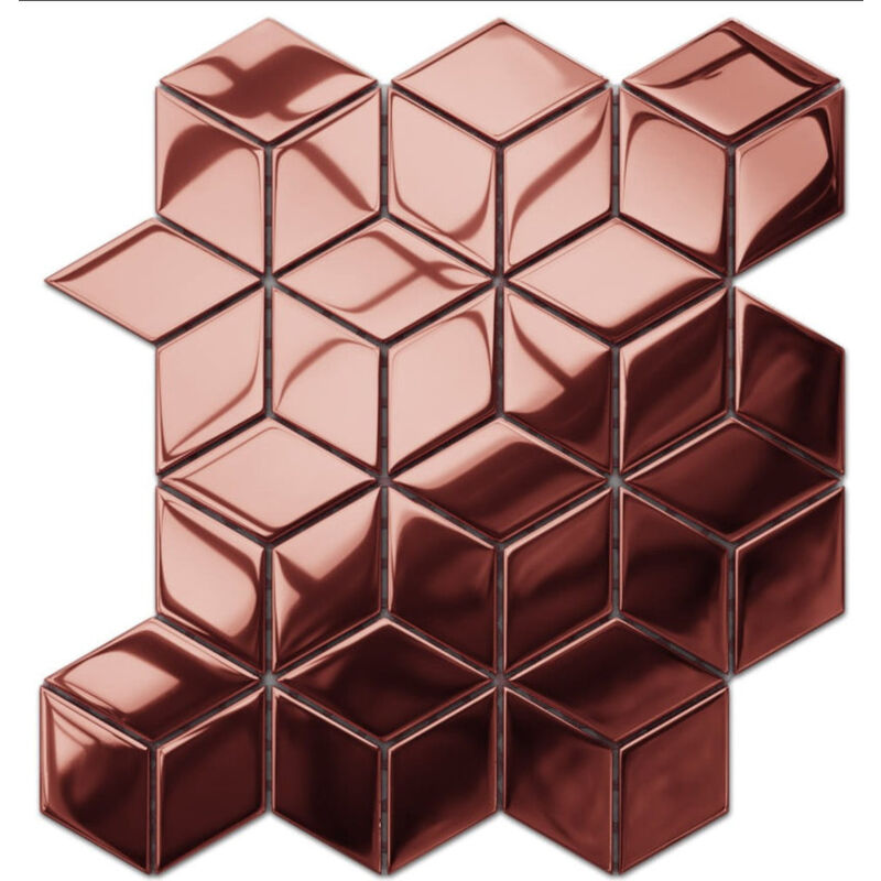 Image of Mosaico in vetro su rete per bagno o cucina 30.5 x 26.5 cm - Copper geometric cubes