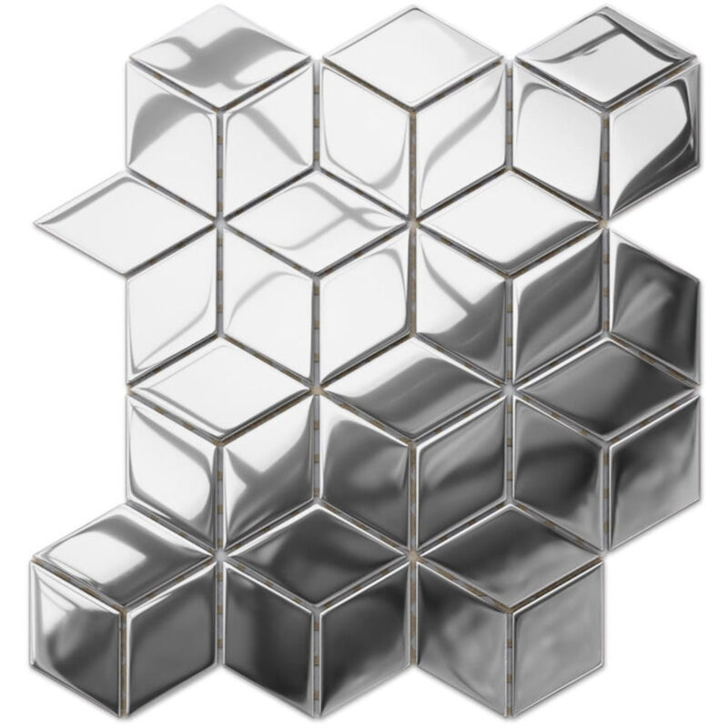 Image of Mosaico in vetro su rete per bagno o cucina 30.5 x 26.5 cm - Silver geometric cubes