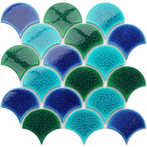 Mosaïque en céramique sur maille pour salle de bain ou cuisine 28.5 cm x 29.0 cm - Blue wave