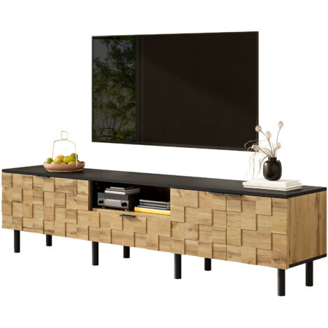 Mosaïque meuble TV bas, 2 portes avec tiroir, commode média salon, aspect bois, panneau de particules, pieds métal, étagère ouverte