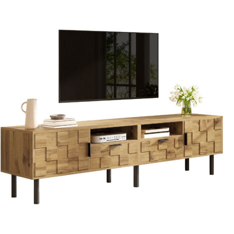 Mosaïque meuble TV, buffet TV bas, 2 portes et 2 tiroirs, meuble média salon, aspect bois, panneaux de particules, pieds métal, 2 niches ouvertes