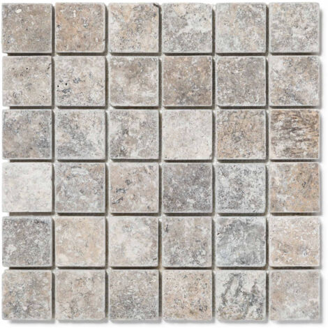 Mosaïque travertin 1er choix 4,8x4,8 cm gris silver – Épaisseur 1 cm – Plaque 30,5x30,5 cm pour mur et sol intérieur