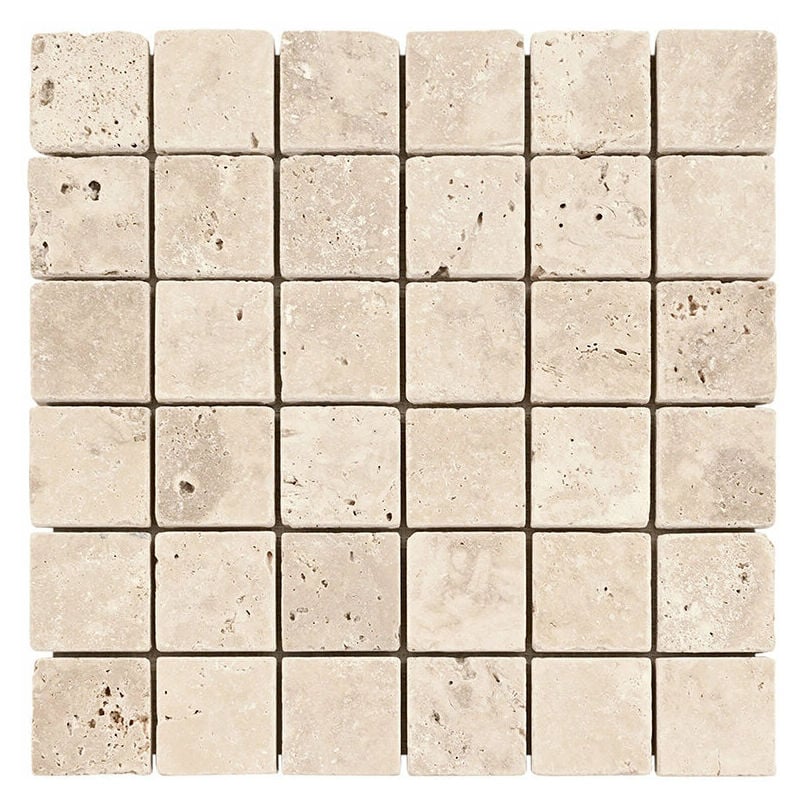 Stone By Stone - Mosaïque Travertin 1er Choix - Crème - 4,8x4,8x1cm - Vieilli - (1 m²)