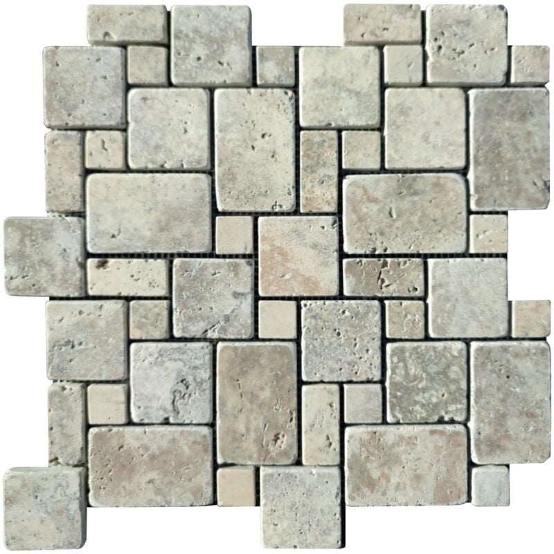 Stone By Stone - Mosaïque Travertin 1er Choix - Silver - Mini Opusx1cm - Vieilli - (1 m²)