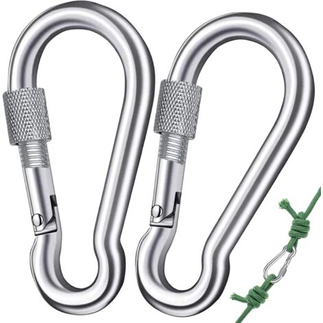 Moschettone a molla, set di 2, meccanismo di bloccaggio del moschettone M8 per carichi pesanti, con chiusura a vite, girevole, acciaio inossidabile 304, per alpinismo, campeggio e attività all'aperto.