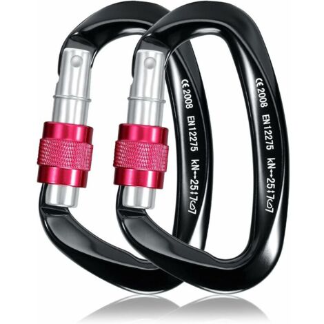 Moschettone da arrampicata da 25 KN, 2 pezzi, moschettone di sicurezza in alluminio a forma di D per campeggio, alpinismo, escursionismo, soccorso, pesca, discesa in corda doppia, amaca (nero)