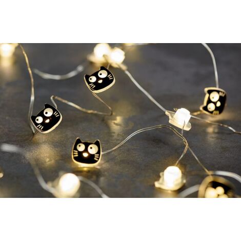 moses Ed, the Cat - Mini catena di luci a LED, 2,20 m, design gatto, 20 LED, per interni, colore: Nero