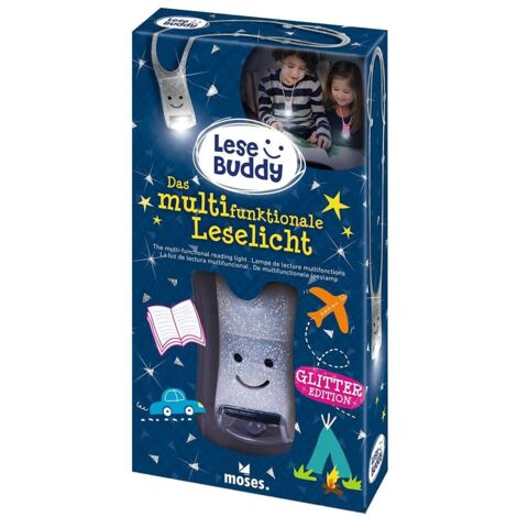 Moses Lese Buddy - Lampada da lettura per bambini  Lampada da lettura multifunzione in argento con glitter  Torcia da appendere