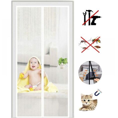 Mosquitera magnética blanca de 120 x 210 cm, cortina antirroturas, kit de instalación con cierre automático y tira adhesiva