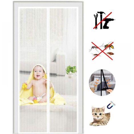 Mosquitera magnética para puerta con cierre automático, kit de montaje con cinta adhesiva, 120 x 220 cm, color blanco