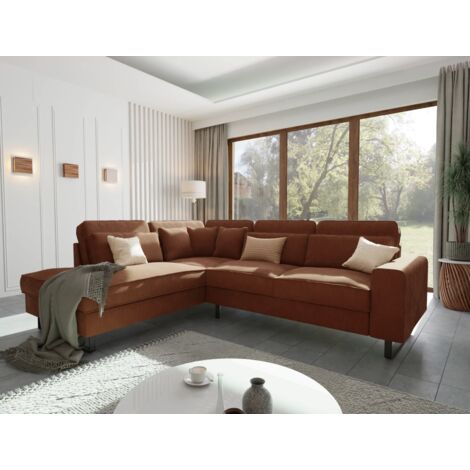 Moss - Ecksofa mit Ottomane und Schwarz Metall Füßen in Terrakotta Cord-Stoff