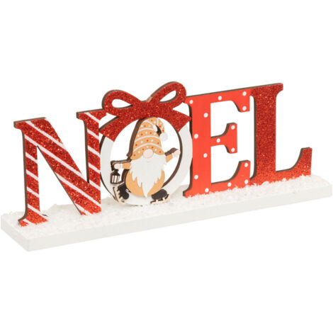 Mot Noël en Bois Rouge et Blanc enneigé avec déco Gnome L 24 cm - Feeric Christmas