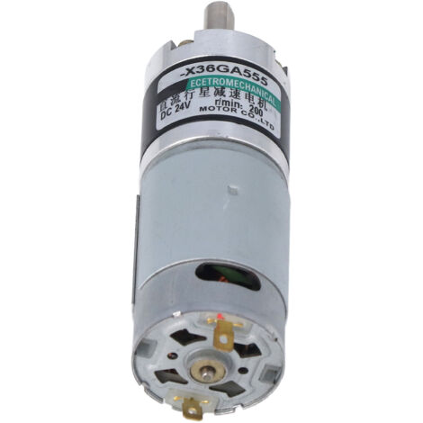 Moteur à courant continu 24V avec réducteur planétaire, 15W, vitesse 200 tours/min, couple maximal 34 kg·cm, rotation bidirectionnelle.