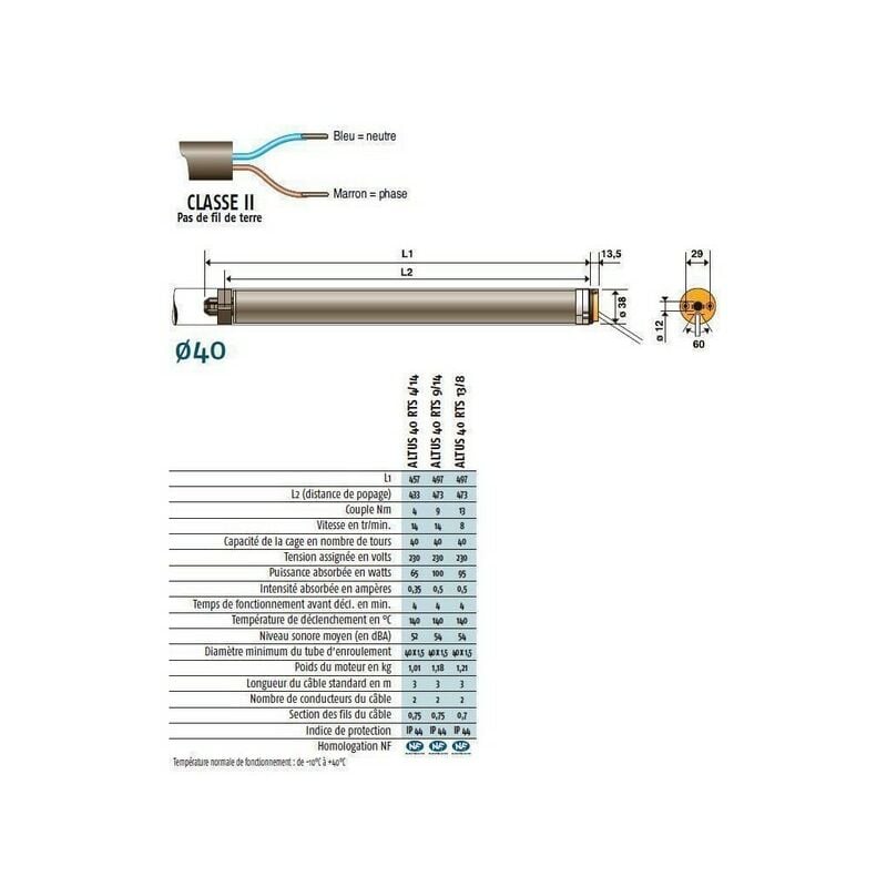 Moteur radio rts 230V/50Hz, altus 40 rts 13/8 avec carre de 10 Somfy