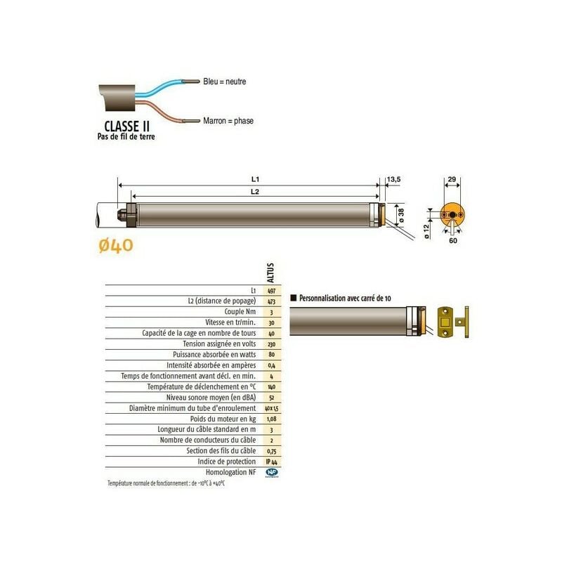 Moteur radio rts 230V/50Hz pour bloc baie, altus 40 rts 3/30 avec carre de 10