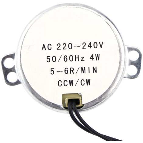 Moteur synchrone AC 4W 220V avec boîte de réduction, rotation horaire/antihoraire (5-6 tours/min), usage industriel et domestique.