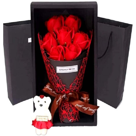 Mother's Day Gift Set - 7 Rose Artificial Flower Bouquet with Teddy Bear in Gift Box Romantic Home Decor