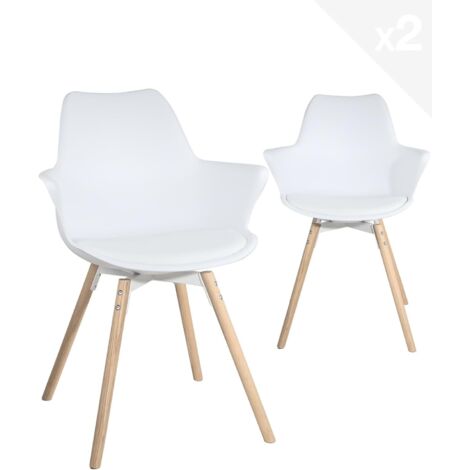 Moti Lot de 2 chaises de cuisine scandinaves avec pieds en bois et coussin intégré (blanc)