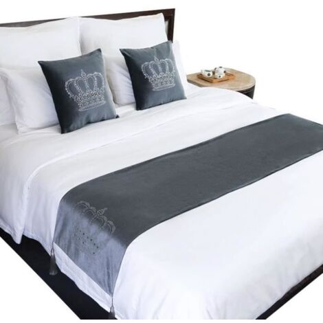 Motif Couronne Chemin de Lit Moderne Strass Velours Coureurs de Lit 45x180cm Gris
