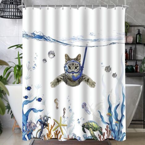 Motiv: schwimmende Katze, schimmelresistent, beschwerter Saum, wasserdicht, waschbar, aus Polyestergewebe, mit 6 Ösen und Duschvorhangringen