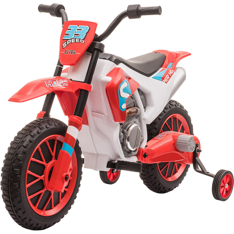 Moto cross électrique enfant 3 à 5 ans 12 v 3-8 Km/h avec roulettes latérales amovibles dim. 106,5L x 51,5l x 68H cm rouge - Rouge