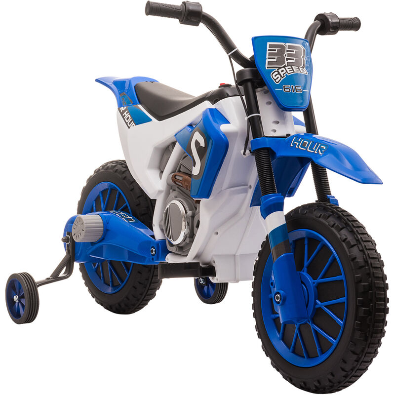 Homcom - Moto cross électrique enfant 3 à 5 ans 12 v 3-8 Km/h avec roulettes latérales amovibles dim. 106,5L x 51,5l x 68H cm bleu - Bleu