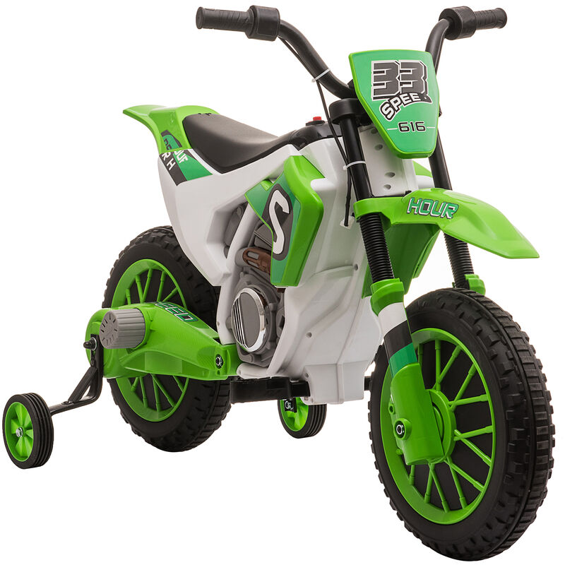 Moto cross électrique pour enfant 3 à 5 ans 12 v 3-8 Km/h avec roulettes latérales amovibles dim. 106,5L x 51,5l x 68H cm vert - Vert