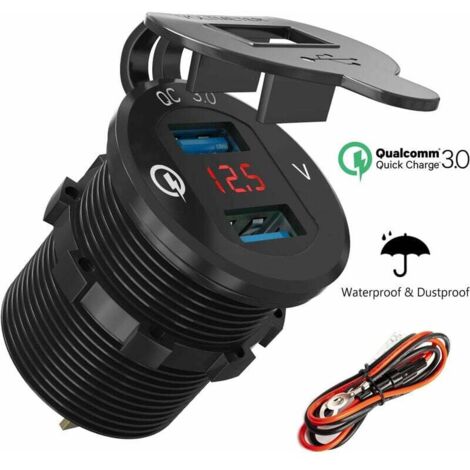 Moto Double Prise USB Chargeur de Voiture Adaptateur de Prise d'alimentation Marine Prise Allume-Cigare étanche 2.1 A Charge Rapide avec voltmètre LED pour 12V/24V QC 3.0 Socket with volmeter
