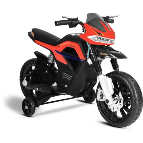 Moto électrique 6V FASTER – 1 place enfant – Vitesse 2-5 km/h – Effets sonores et lumières LED – Design course noir – Playkin