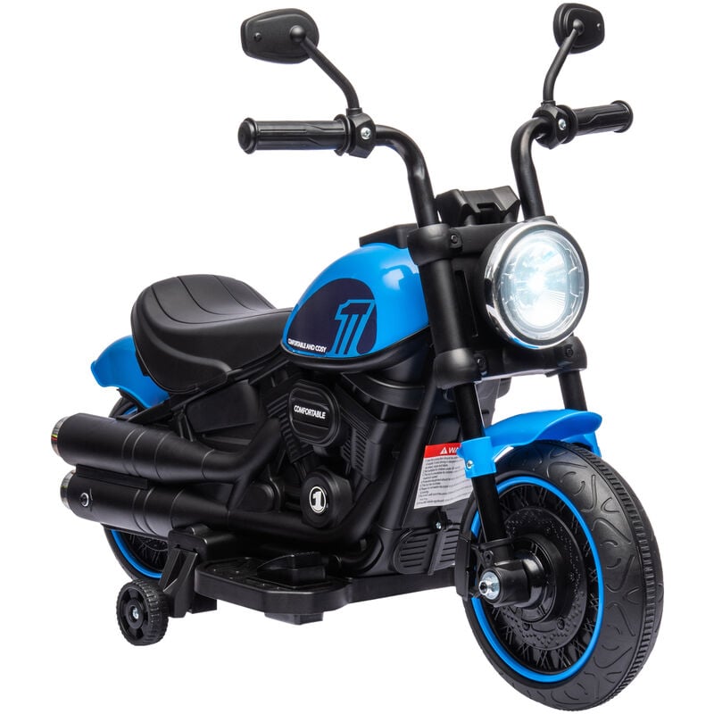 Moto électrique enfant 6 v 3 Km/h effet lumineux roulettes amovibles repose-pied pédale métal pp bleu noir - Bleu