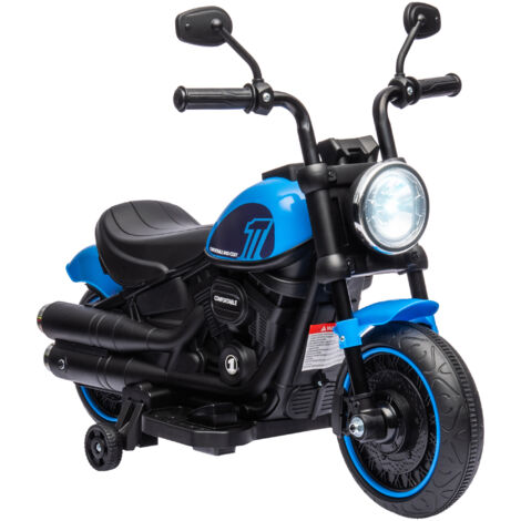 Moto électrique enfant 6V bleue, 3 km/h, phare LED, 2 roues motrices, moteur puissant pour 18-36 mois.