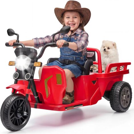 Moto Électrique Enfants avec Plateau de Remorque et Pelle, 12V Moto Enfant avec Voyant D'alimentation, Deux Moteurs, Vitesse Réglable(Rouge)