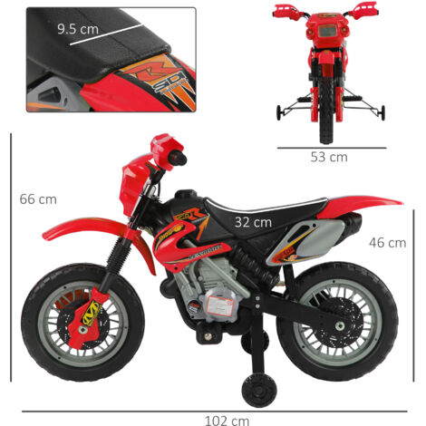 Moto Elettrica per Bambini 3-6 Anni, Moto Cross per Bambini in Plastica PP con Ruote di Supporto, Fari e Musica, 102x53x66 cm, Rosso e Nero