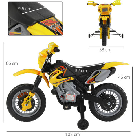 Moto Elettrica per Bambini 3 anni e Più, Moto Cross Elettrica con Rotelle, Batteria 6V Velocità 2.5km/h, 102 x 53 x 66cm, Giallo