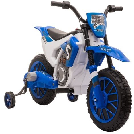 Moto enfant électrique, 45 min d'autonomie, roulettes stabilisatrices, dès 3 ans, bleu et blanc, 106,5 x 51,5 x 68 cm