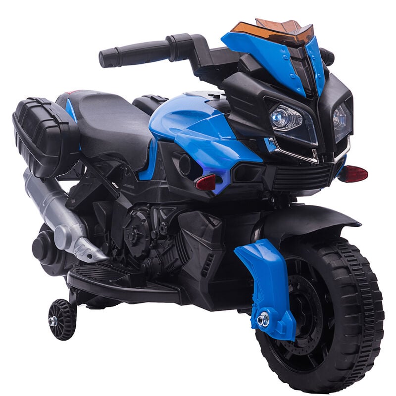 Moto électrique enfant 6 v 3 Km/h effet lumineux et sonore roulettes amovibles repose-pied valises latérales métal pp bleu noir - Bleu