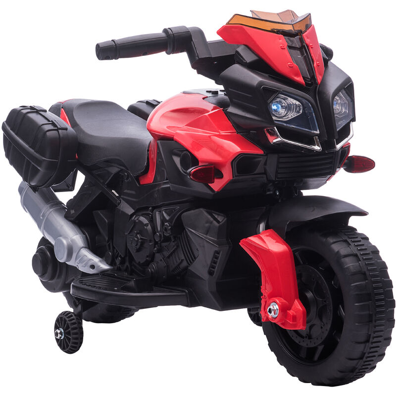 Homcom - Moto électrique enfant 6 v 3 Km/h effet lumineux et sonore roulettes amovibles repose-pied valises latérales métal pp rouge noir - Rouge
