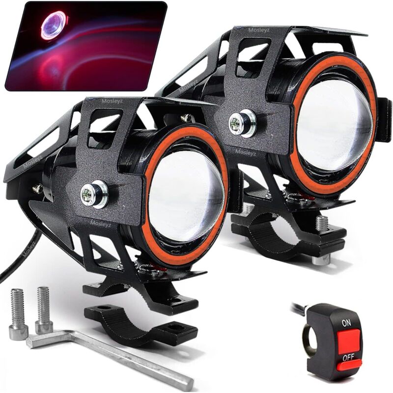 Moto LED Fog Lights U7 Spotlight Lumières de jour avec yeux d'ange Halo Bague et interrupteur 2-Sets, rouge