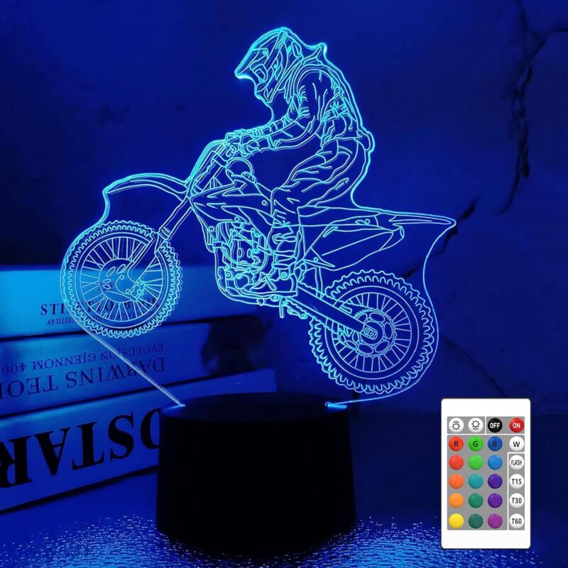 Moto Motocross 3D Illusion Veilleuse Jouets,Décor de Maison LED Lampe de Chevet Table,Tactile & Télécommander 16 Couleurs,Cadeau d'Anniversaire de