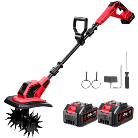 ONEVAN Motobineuse électrique sans fil ，4 Lames Acier，Largeur de travail 24 cm，Profondeur de travail 17 cm，Avec deux batteries 4.0Ah et chargeur