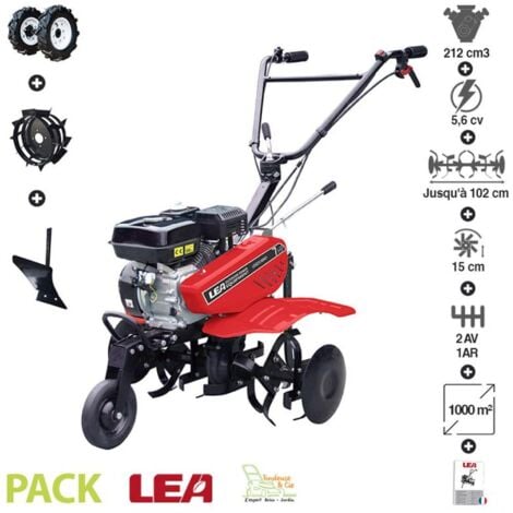 Motobineuse thermique 212cc 5,6cv accessoires roues pneus charrue 2 vitesses AV 1 AR travail 88cm LEA LE42212-80W21