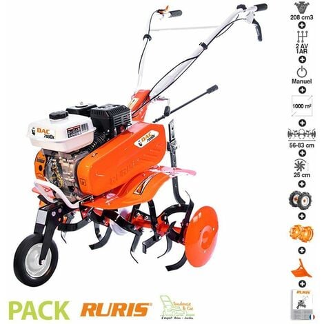 Motobineuse thermique 7 Cv 6 fraises vitesses 2AV -1AR roues agraires et métalliques butteur réglable Ruris DAC 7000