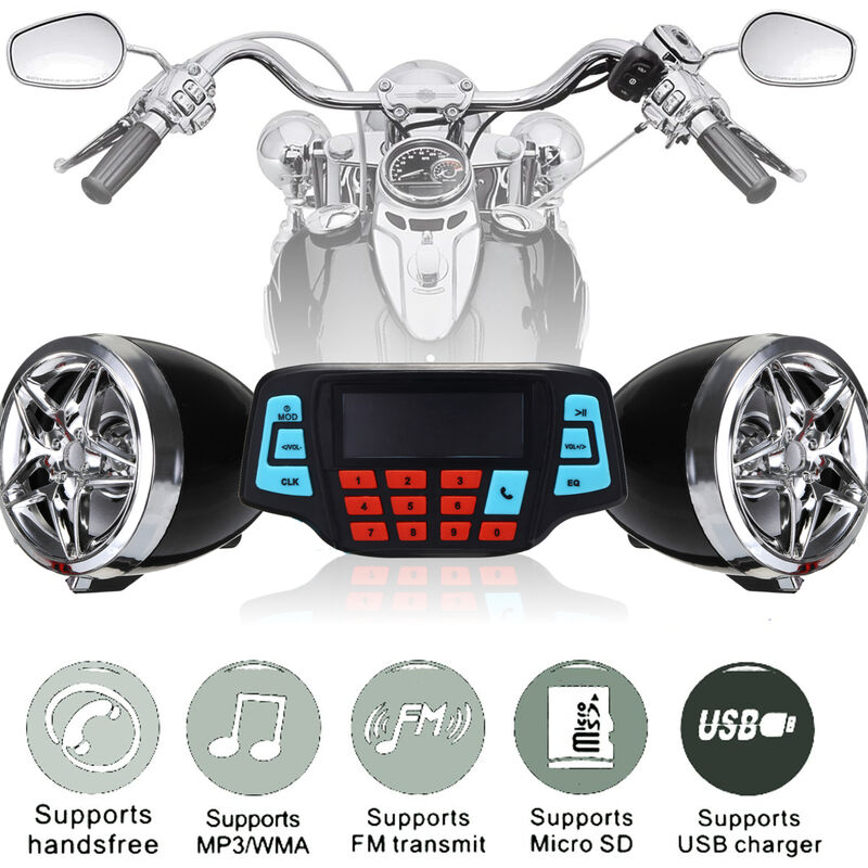 

Motocicleta Reproductor de MP3 Altavoz estéreo Cargador USB SD TF Reloj despertador Manillar Radio FM Control remoto Bluetooth Impermeable