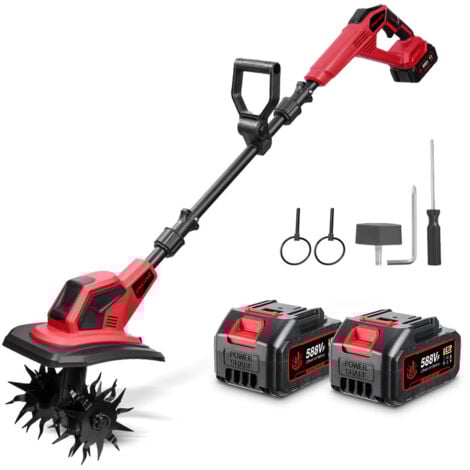 ONEVAN Motocoltivatore elettrico a batteria, Motozappa con 4 lame in acciaio, larghezza di lavoro 24 cm, profondità di lavoro 17 cm, con 2 batterie