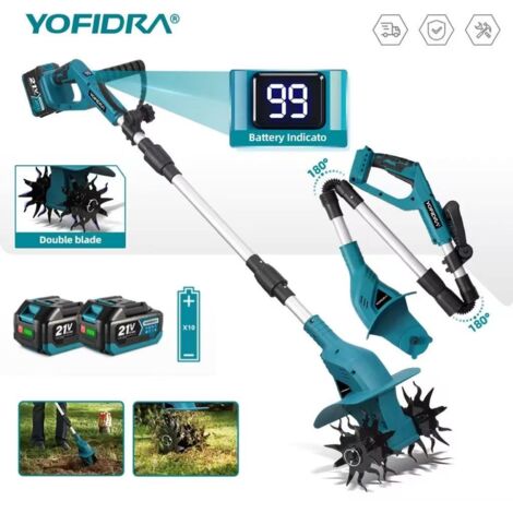 Motoculteur électrique, ameublisseur de sol de jardin,motoculteur rotatif sans fil,compatible avec les batteries Makita 21V,deux batteries de 3,0 Ah.