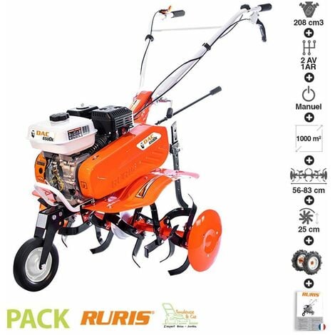 Motoculteur motobineuse 6,5 Cv 6 fraises vitesses 2 AV -1 AR roues agraires 400x8 Ruris DAC 6500K - Orange