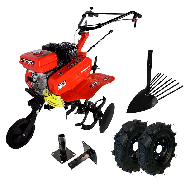 Motoculteur Motobineuse 7,5 CV + Arrache-pommes de terre + Roues + Manchons