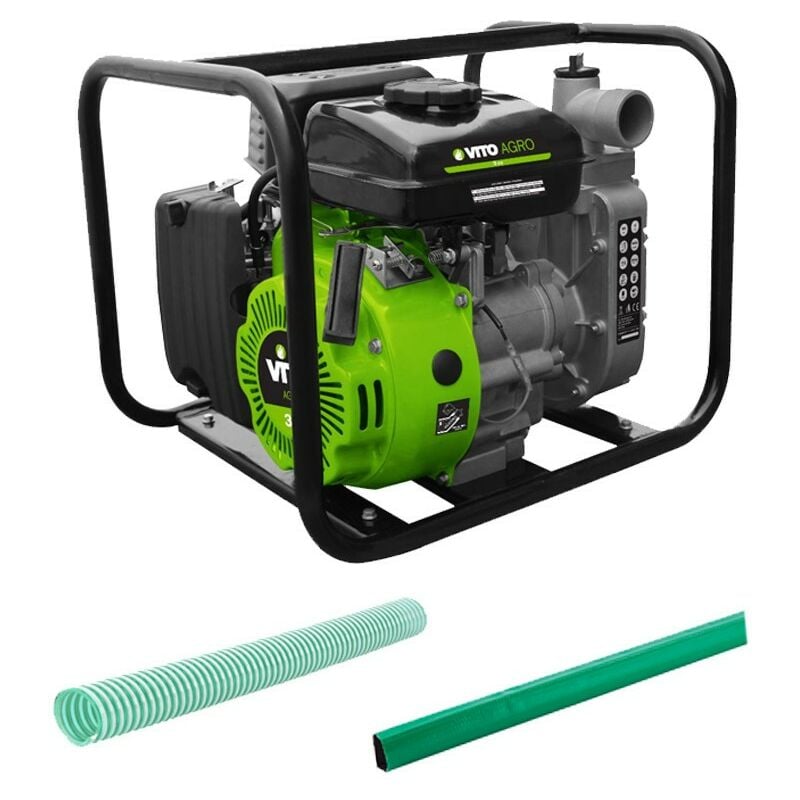 Motopompe thermique 105 Cm3 4T 3CV Innondations Kit complet + 2x10m de Tuyau 1.5' Ø43Cm Vito